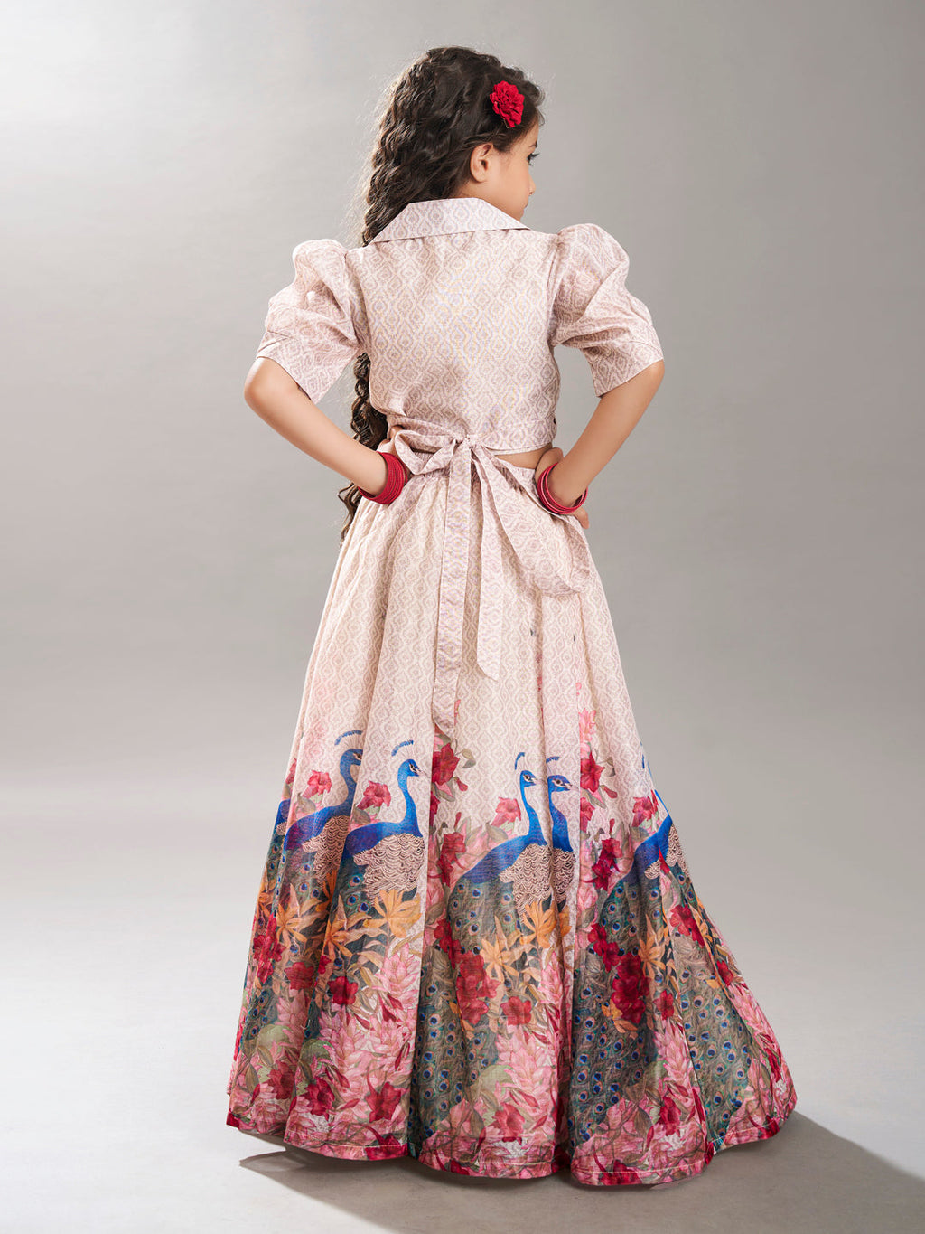 girls beige digital peacock printed ready to wear lehenga with choli