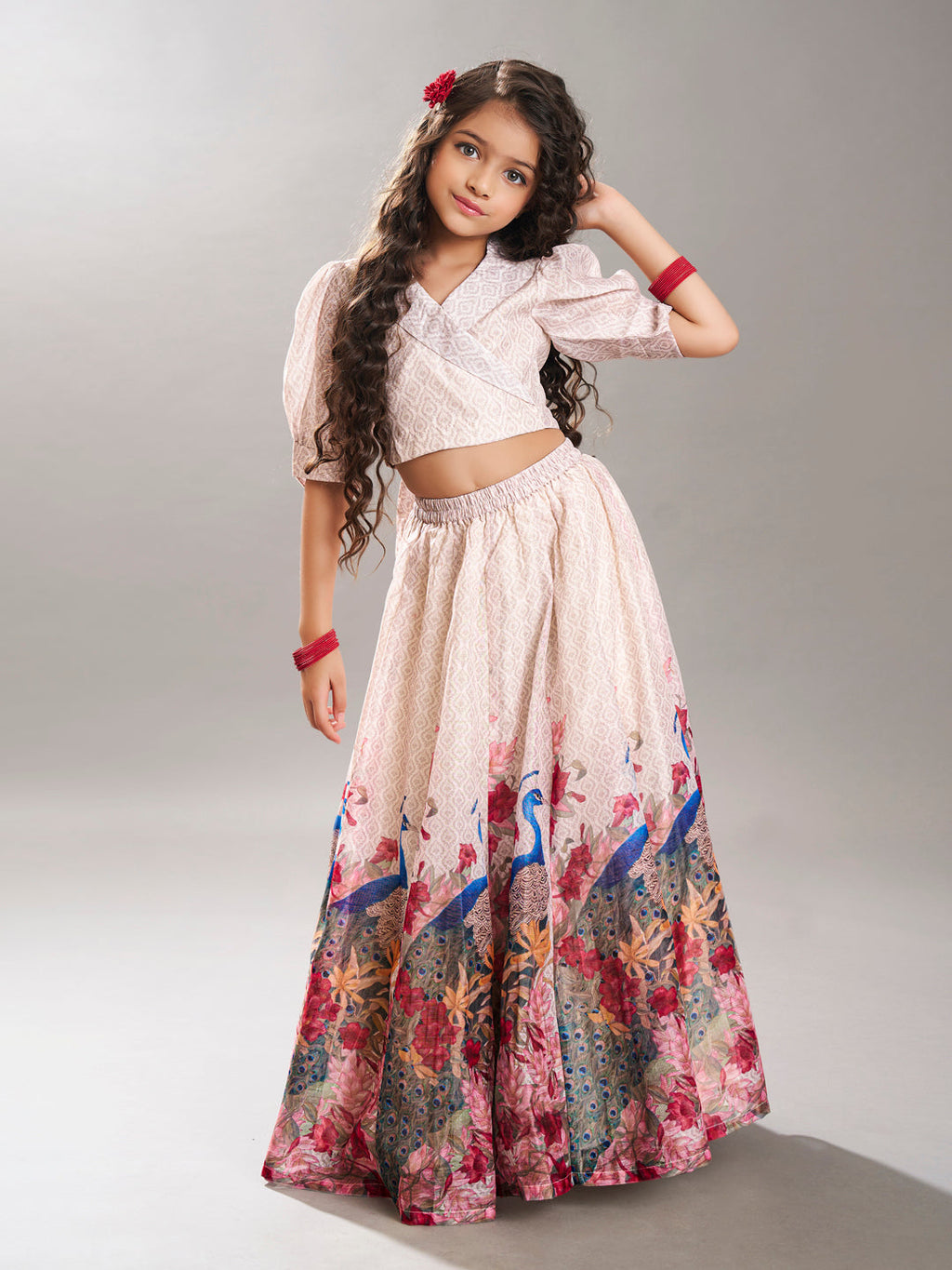 girls beige digital peacock printed ready to wear lehenga with choli