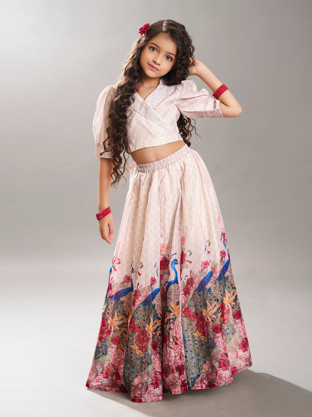 girls beige digital peacock printed ready to wear lehenga with choli