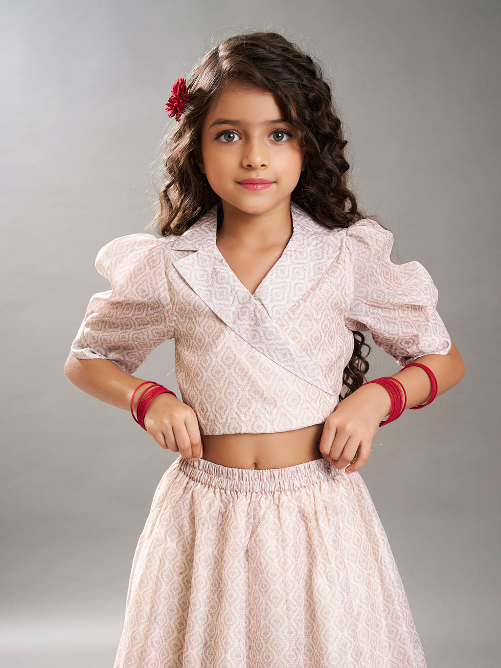 girls beige digital peacock printed ready to wear lehenga with choli