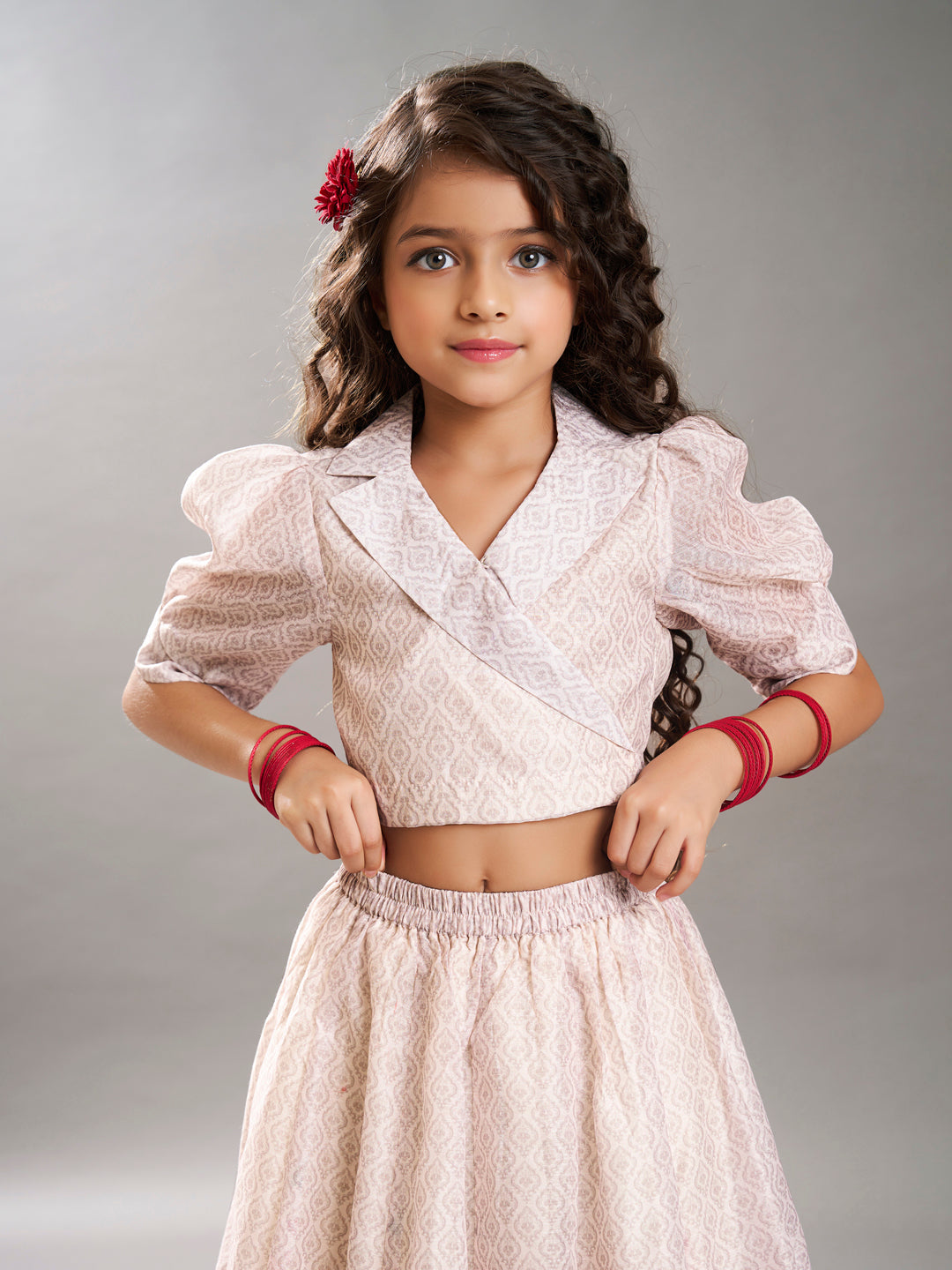 girls beige digital peacock printed ready to wear lehenga with choli