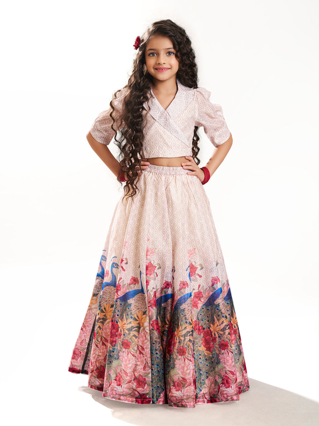 girls beige digital peacock printed ready to wear lehenga with choli
