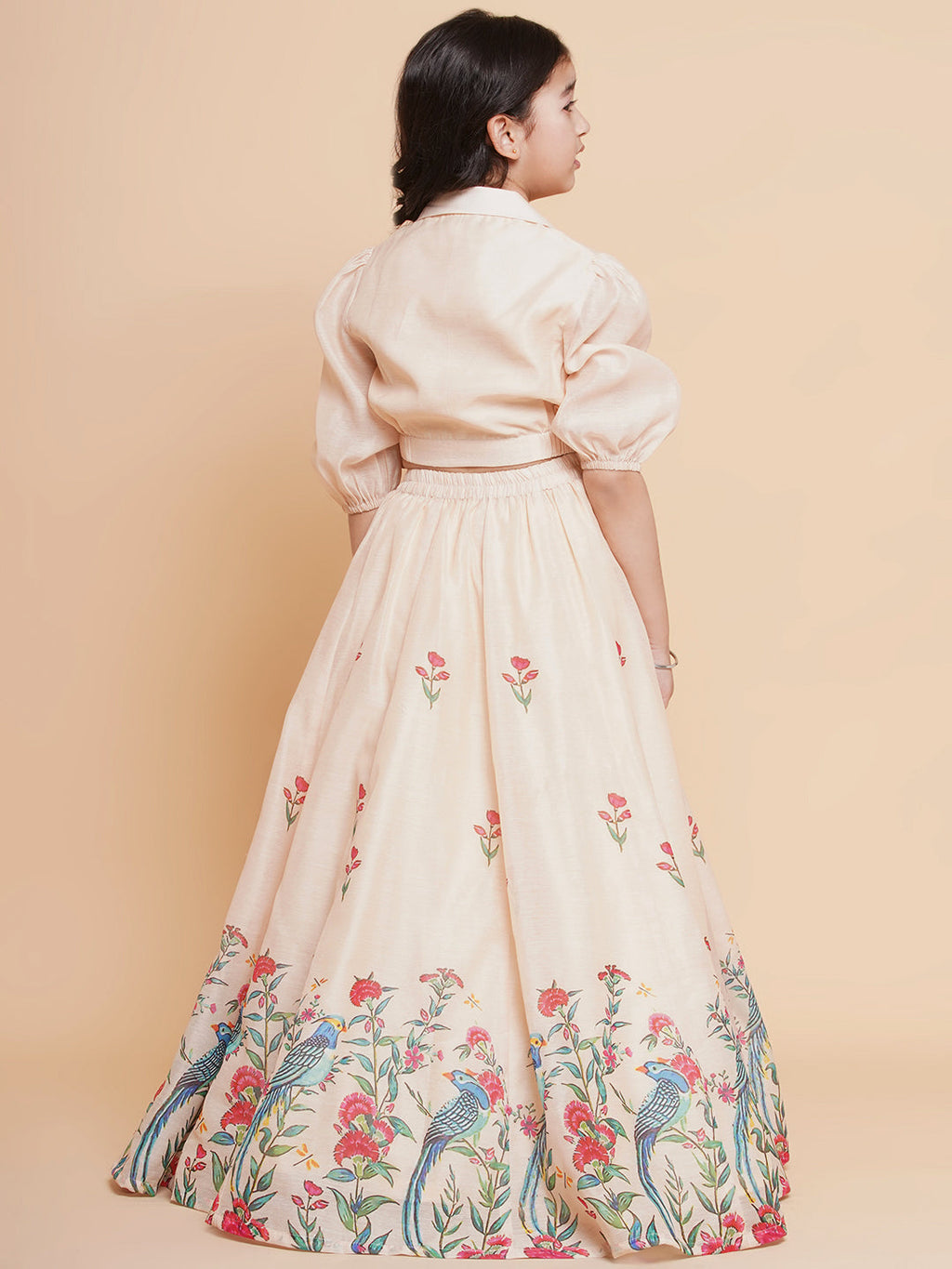 beige peacock printed ready to wear lehenga with choli