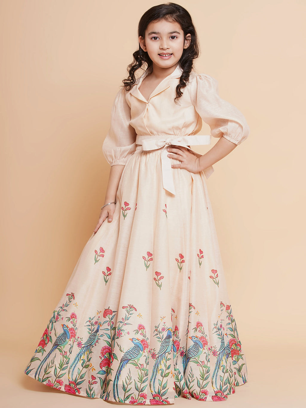girls beige peacock printed ready to wear lehenga with choli