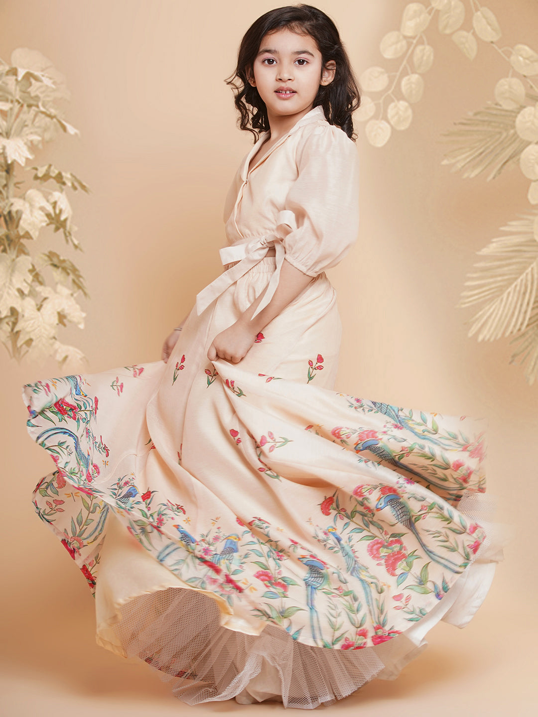 girls beige peacock printed ready to wear lehenga with choli