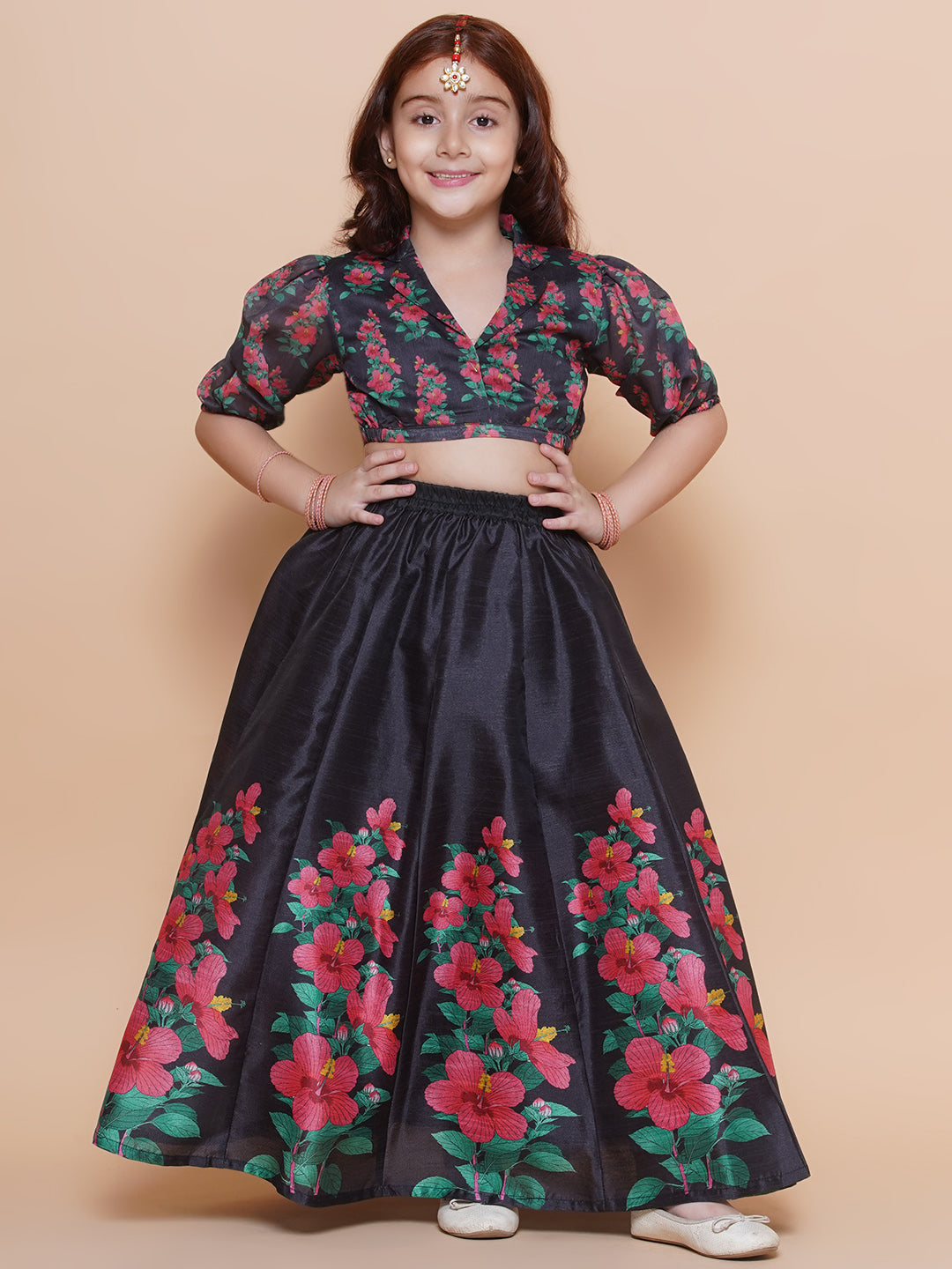 girls black floral printed ready to wear lehenga blouse
