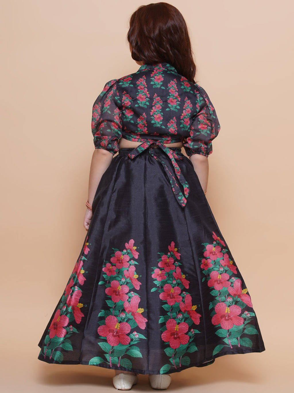 girls black floral printed ready to wear lehenga blouse