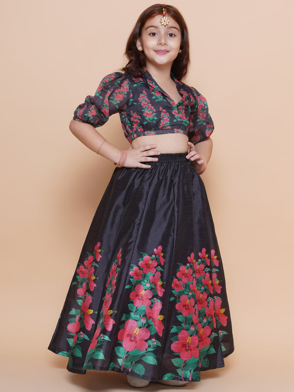 girls black floral printed ready to wear lehenga blouse