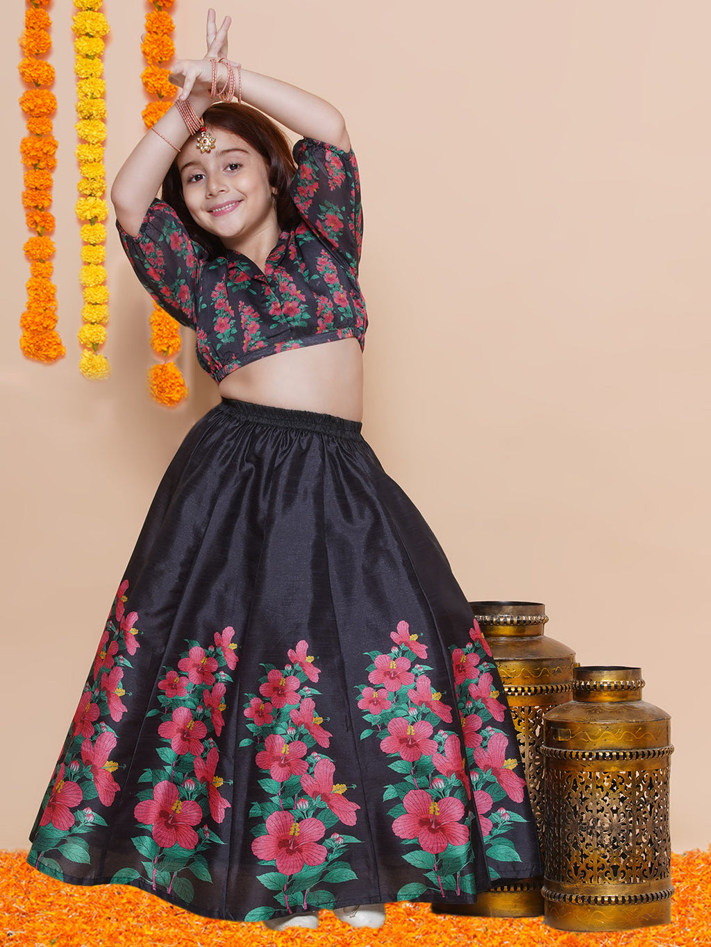 girls black floral printed ready to wear lehenga blouse