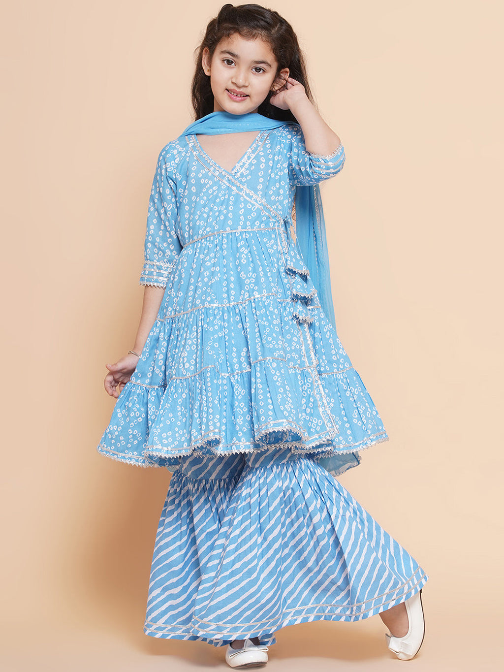 girls blue bandhani printed angrakha gotta patti kurta with sharara