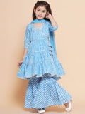 girls blue bandhani printed angrakha gotta patti kurta with sharara