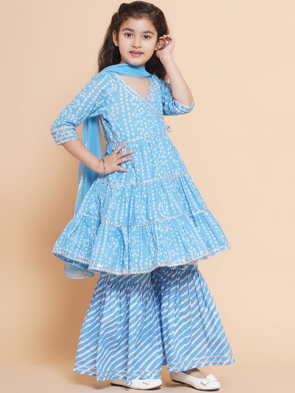 girls blue bandhani printed angrakha gotta patti kurta with sharara