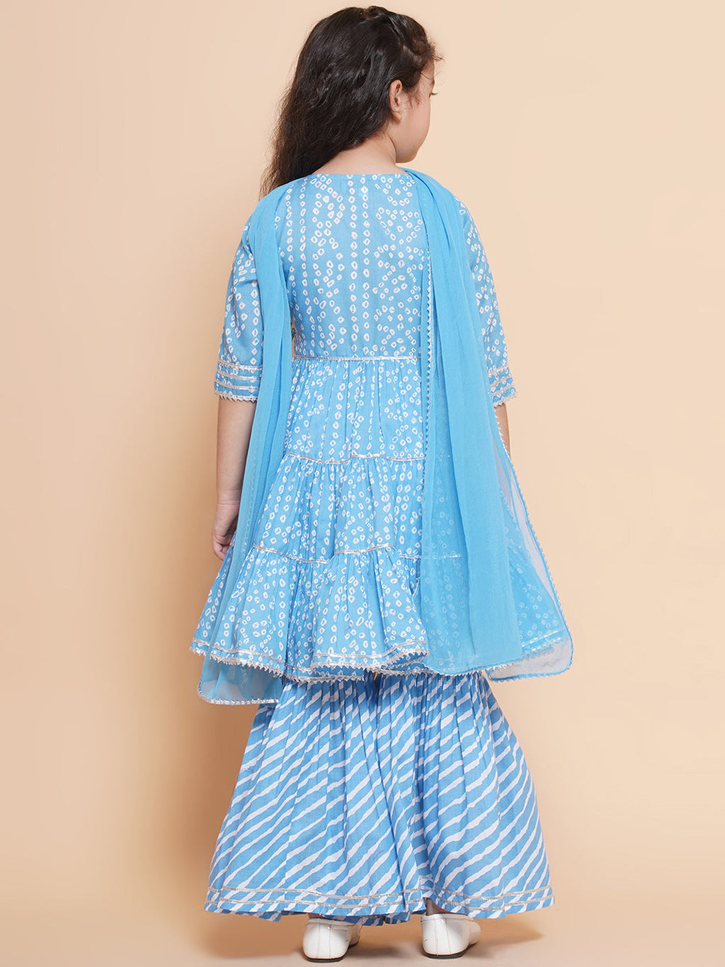 girls blue bandhani printed angrakha gotta patti kurta with sharara