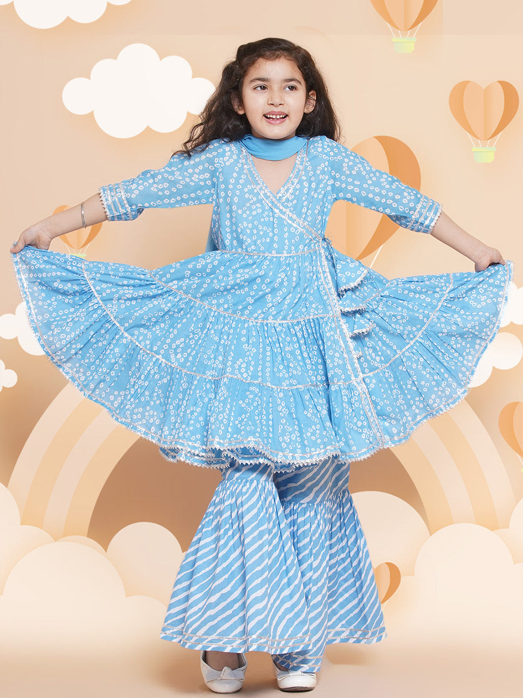 girls blue bandhani printed angrakha gotta patti kurta with sharara