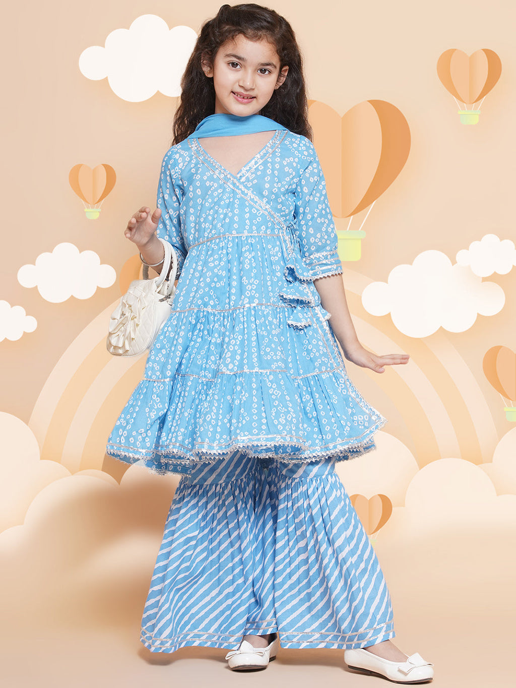 girls blue bandhani printed angrakha gotta patti kurta with sharara