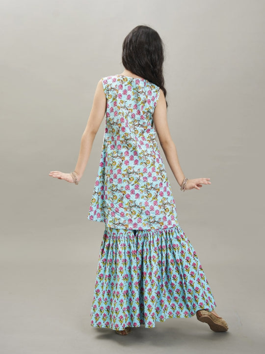 girls blue floral printed kurta with sharara
