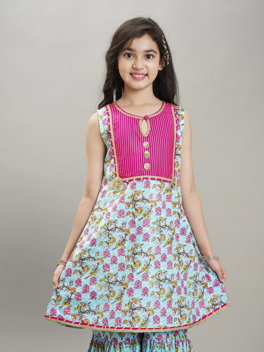 girls blue floral printed kurta with sharara