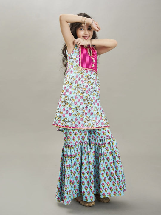 girls blue floral printed kurta with sharara