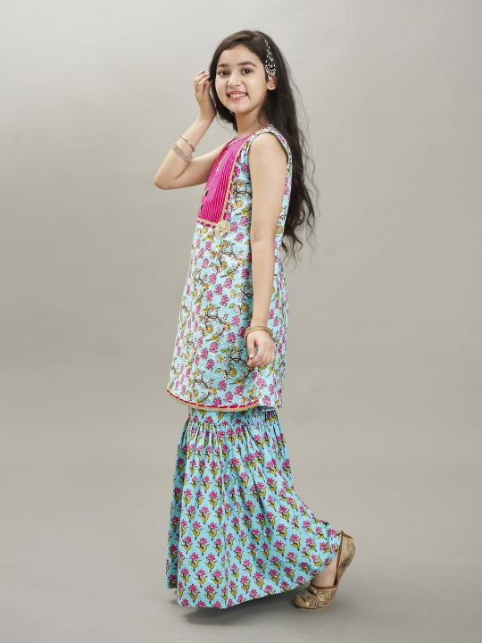 girls blue floral printed kurta with sharara