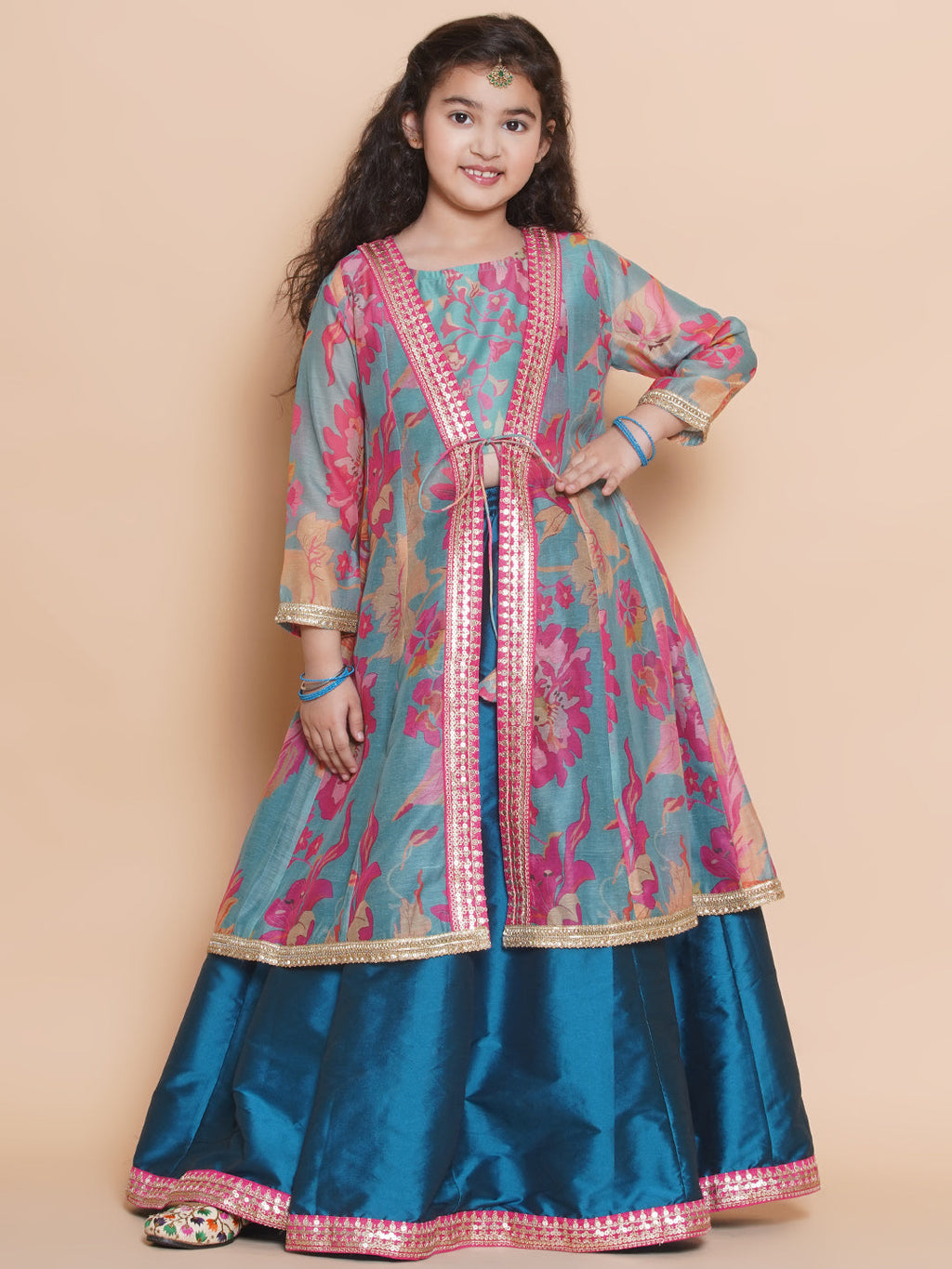 girls blue floral printededed ready to wear lehenga blouse with shrug