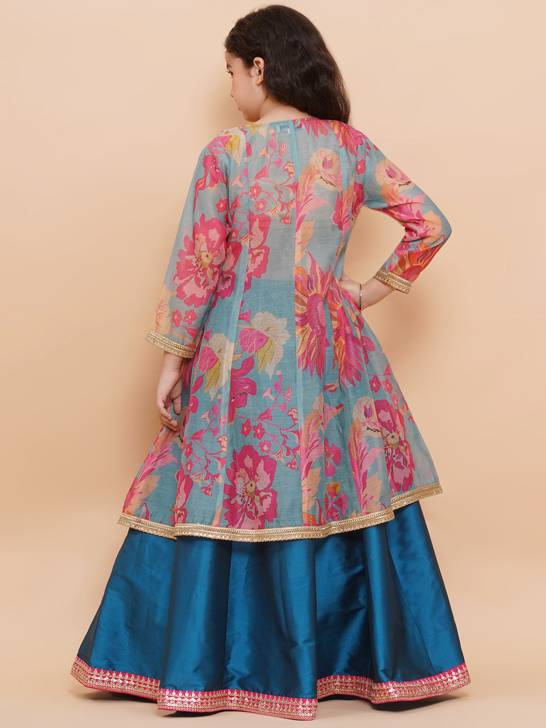 girls blue floral printededed ready to wear lehenga blouse with shrug