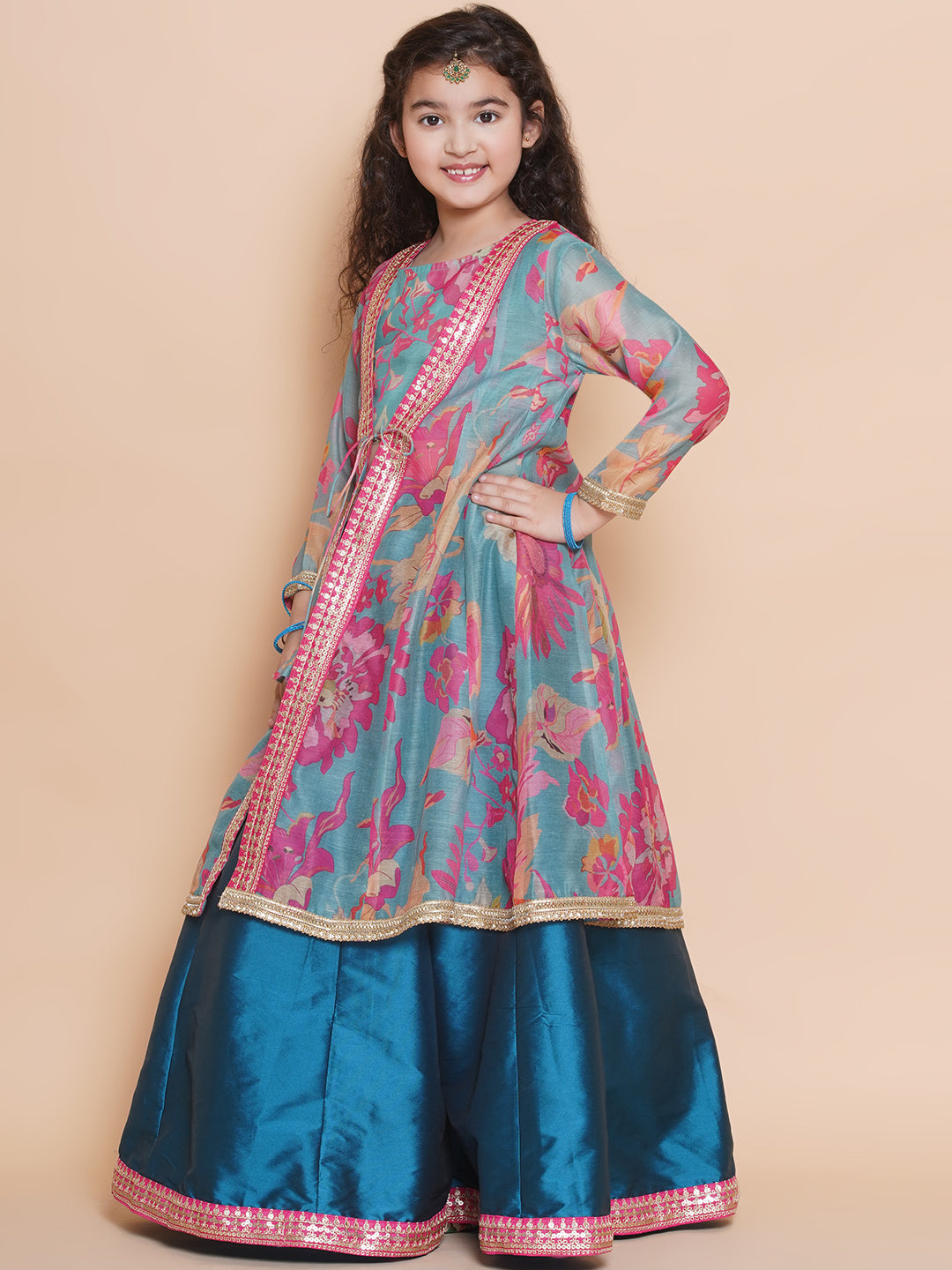 girls blue floral printededed ready to wear lehenga blouse with shrug