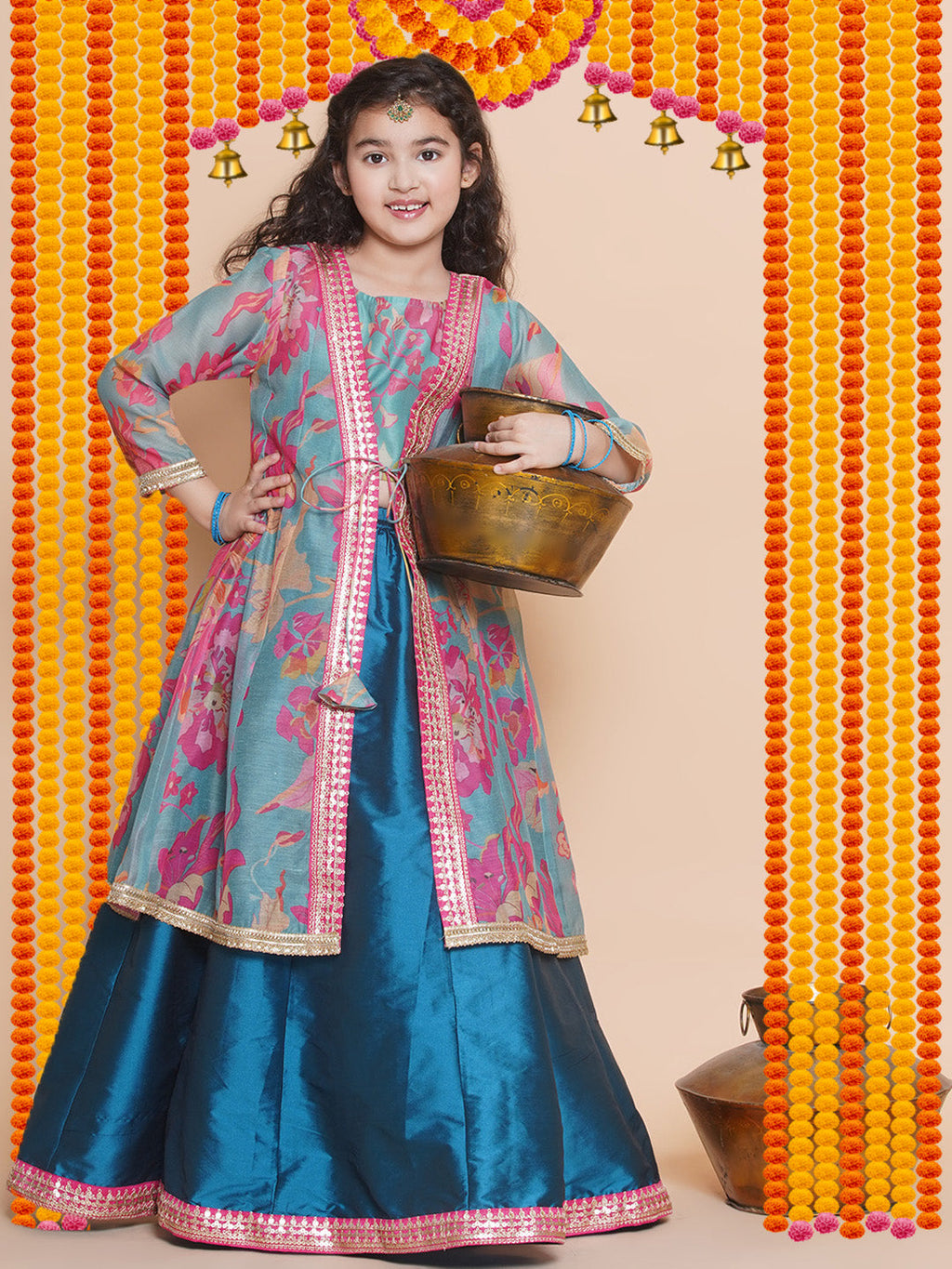 girls blue floral printededed ready to wear lehenga blouse with shrug