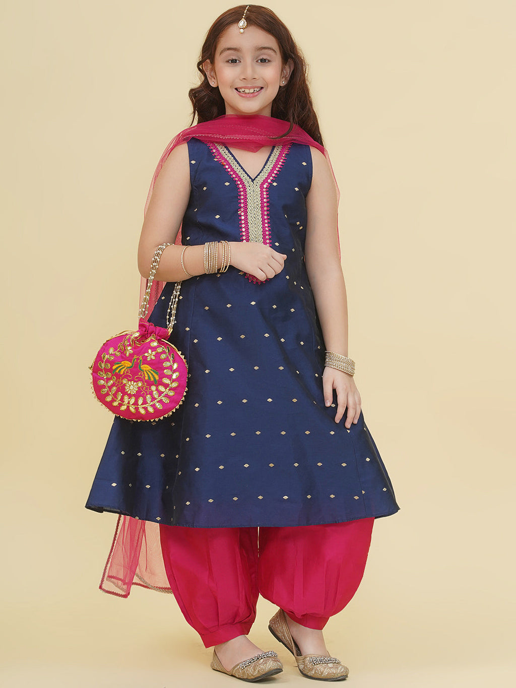 girls blue self design kurta with afgani salwar with dupatta