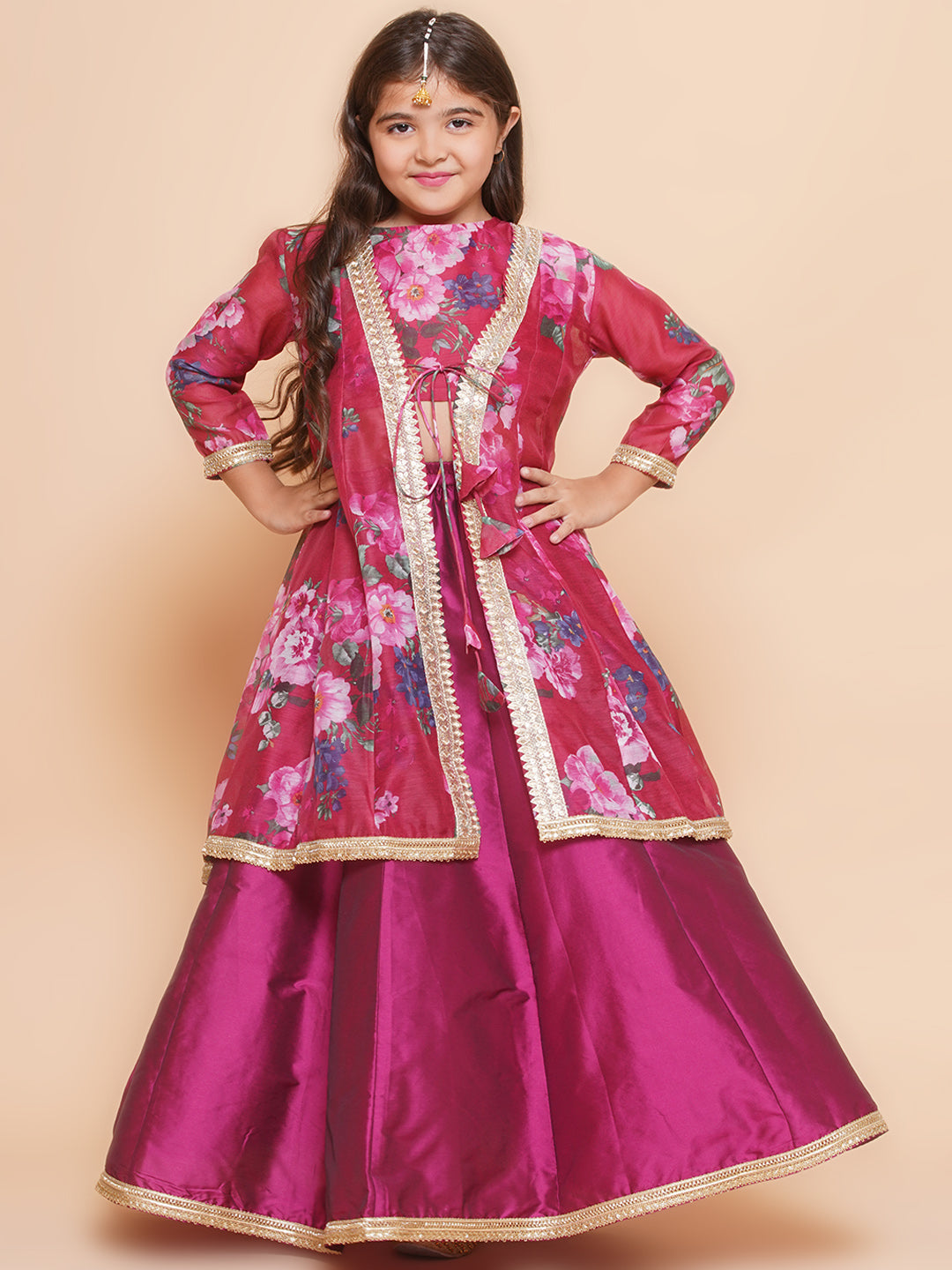 girls burgundy floral printed ready to wear lehenga blouse with shrug