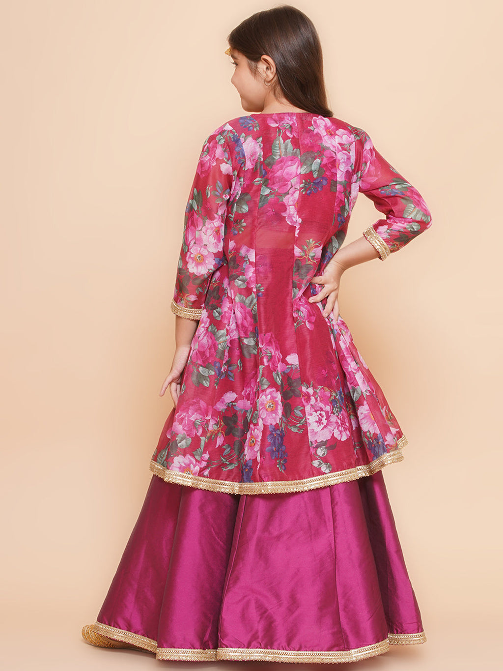 girls burgundy floral printed ready to wear lehenga blouse with shrug