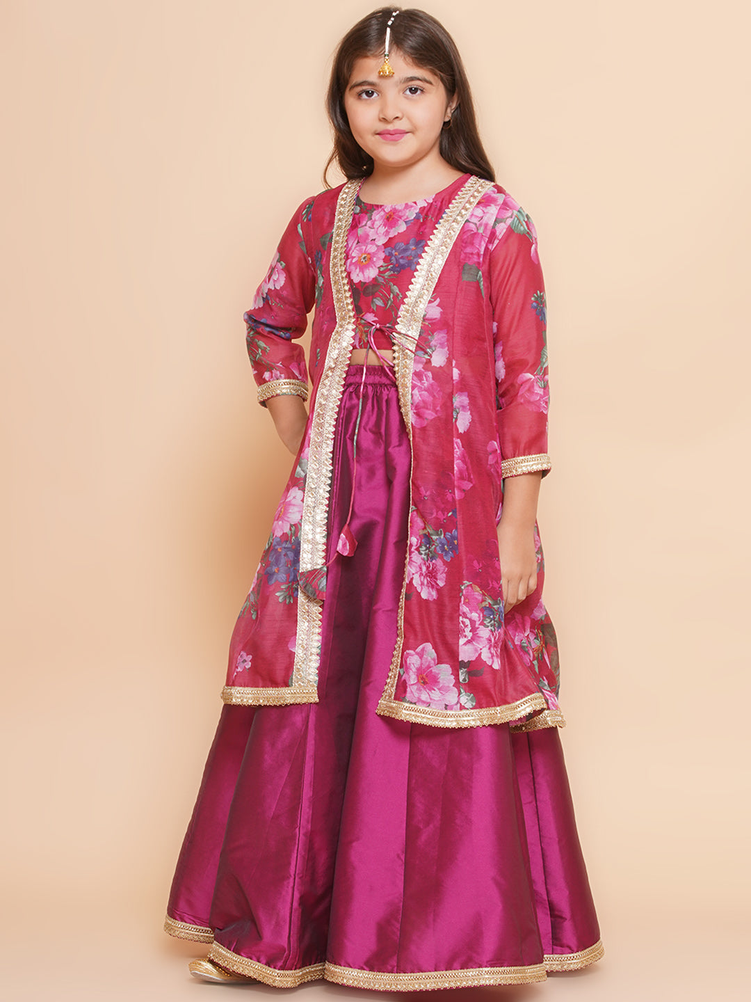girls burgundy floral printed ready to wear lehenga blouse with shrug