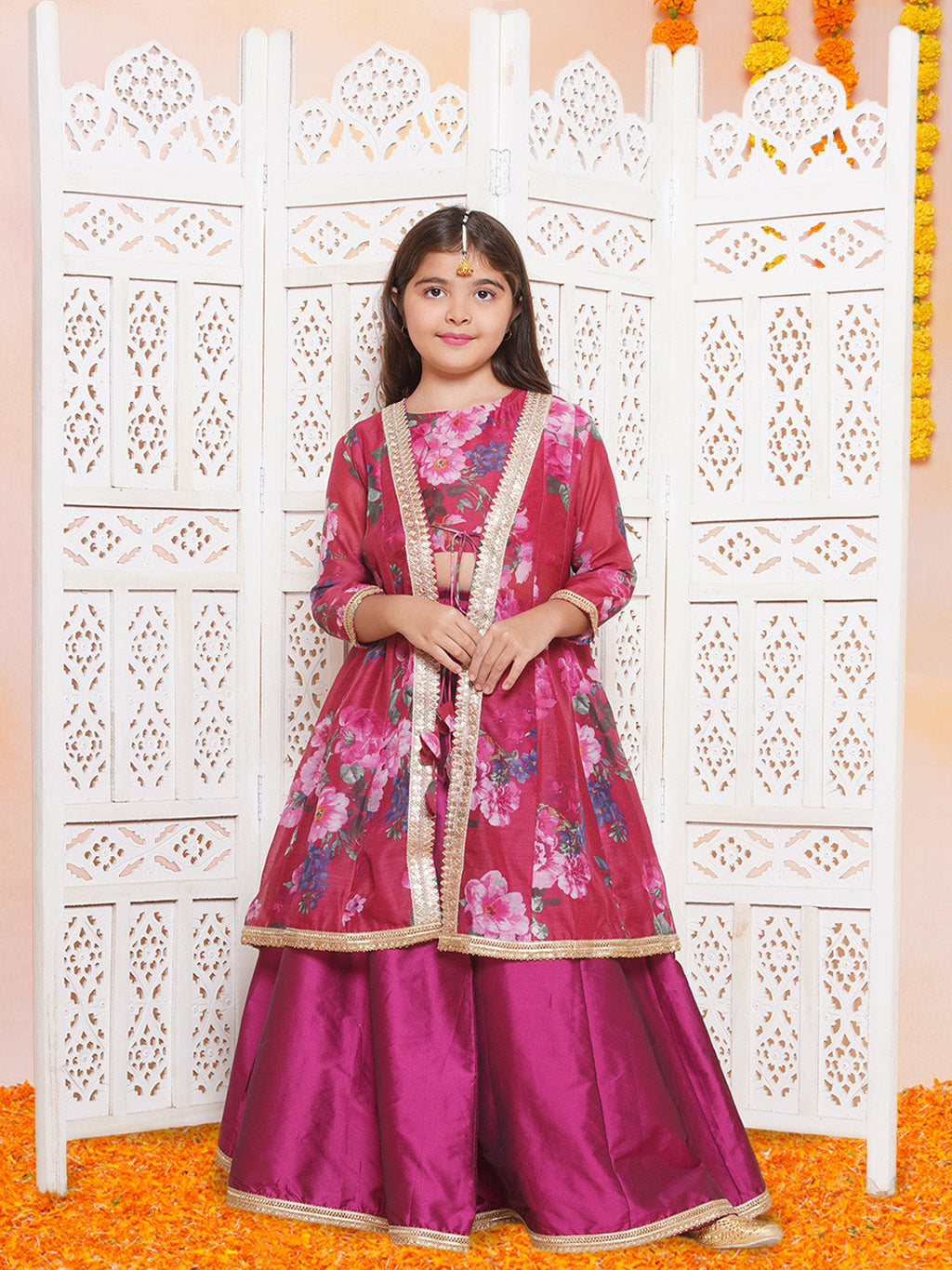girls burgundy floral printed ready to wear lehenga blouse with shrug