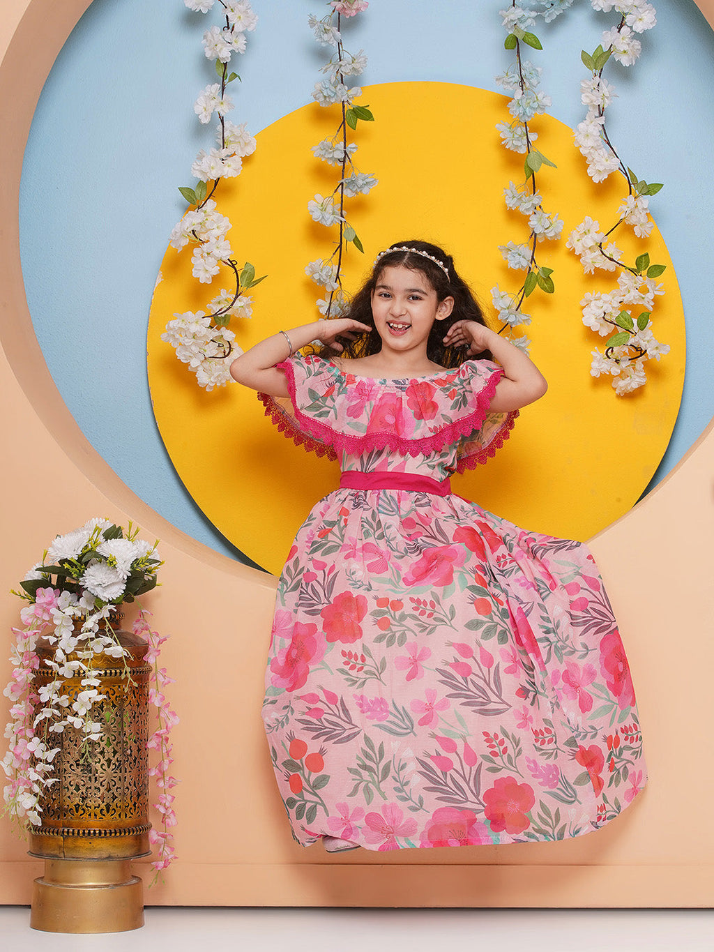 girls floral print off shoulder maxi dress
