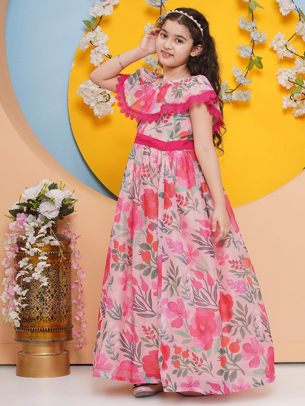 girls floral print off shoulder maxi dress