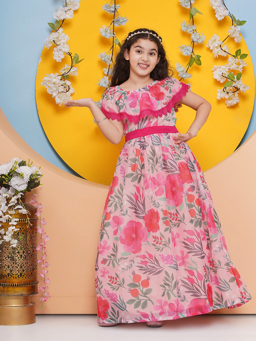girls floral print off shoulder maxi dress