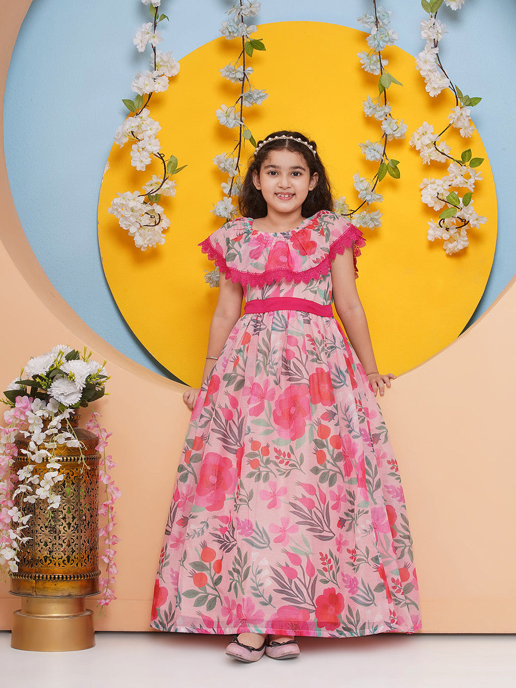 girls floral print off shoulder maxi dress