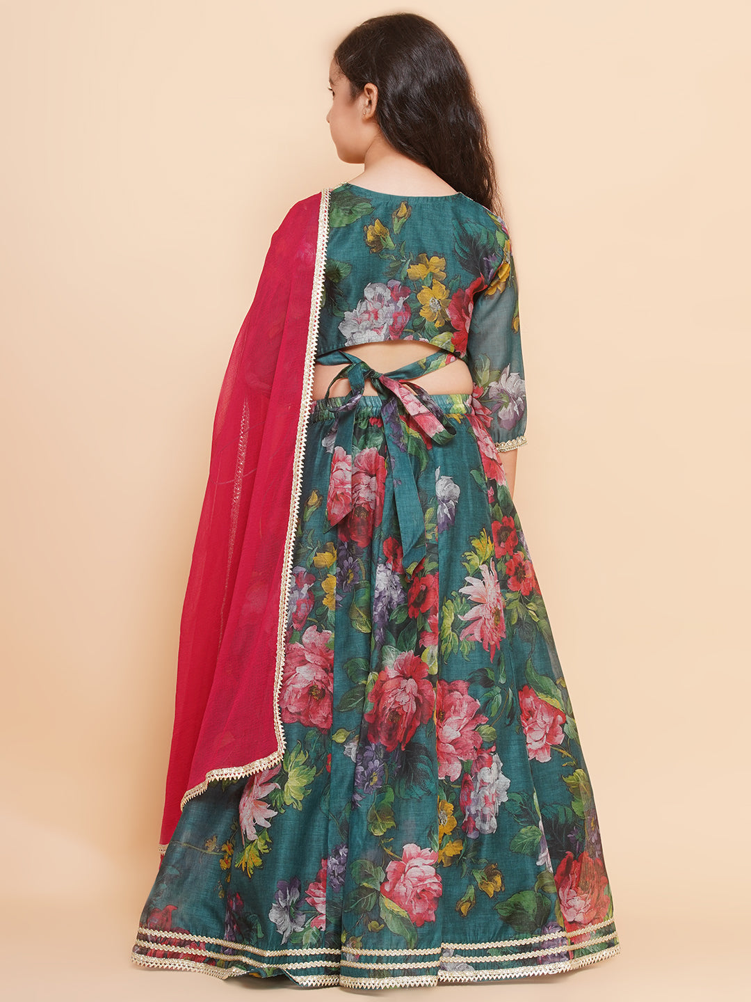 girls green floral printed ready to wear lehenga blouse with dupatta