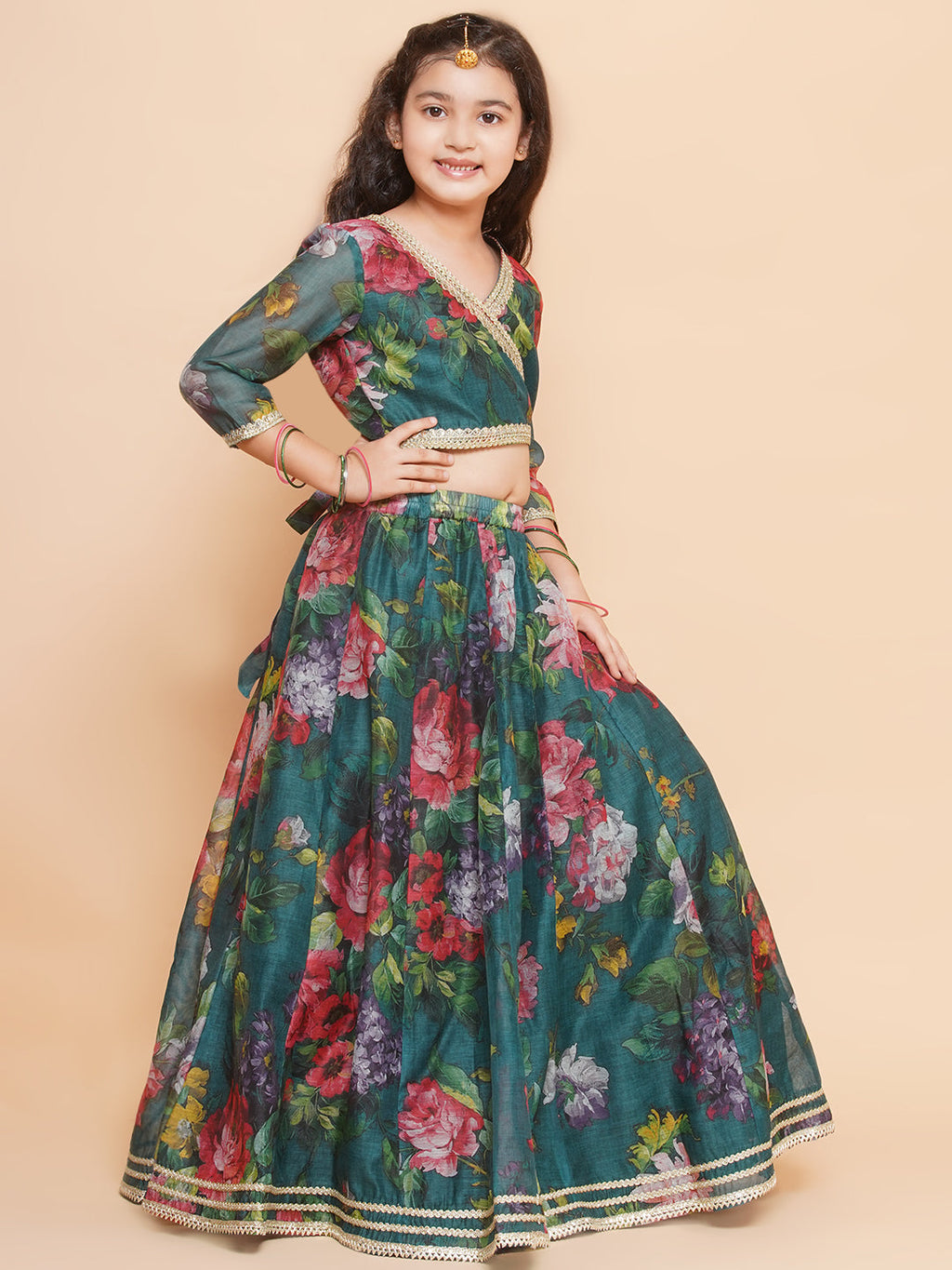 girls green floral printed ready to wear lehenga blouse with dupatta