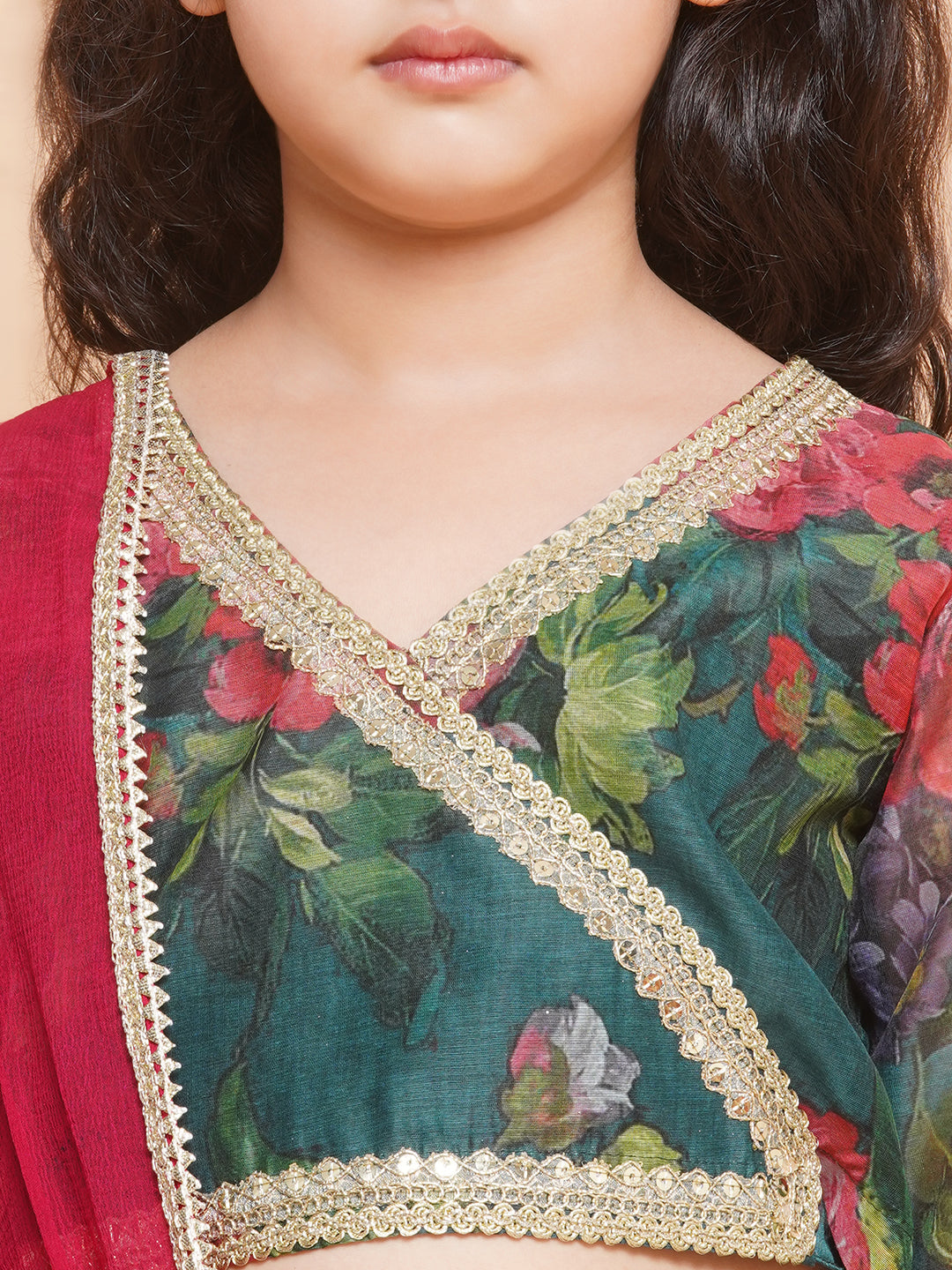 girls green floral printed ready to wear lehenga blouse with dupatta