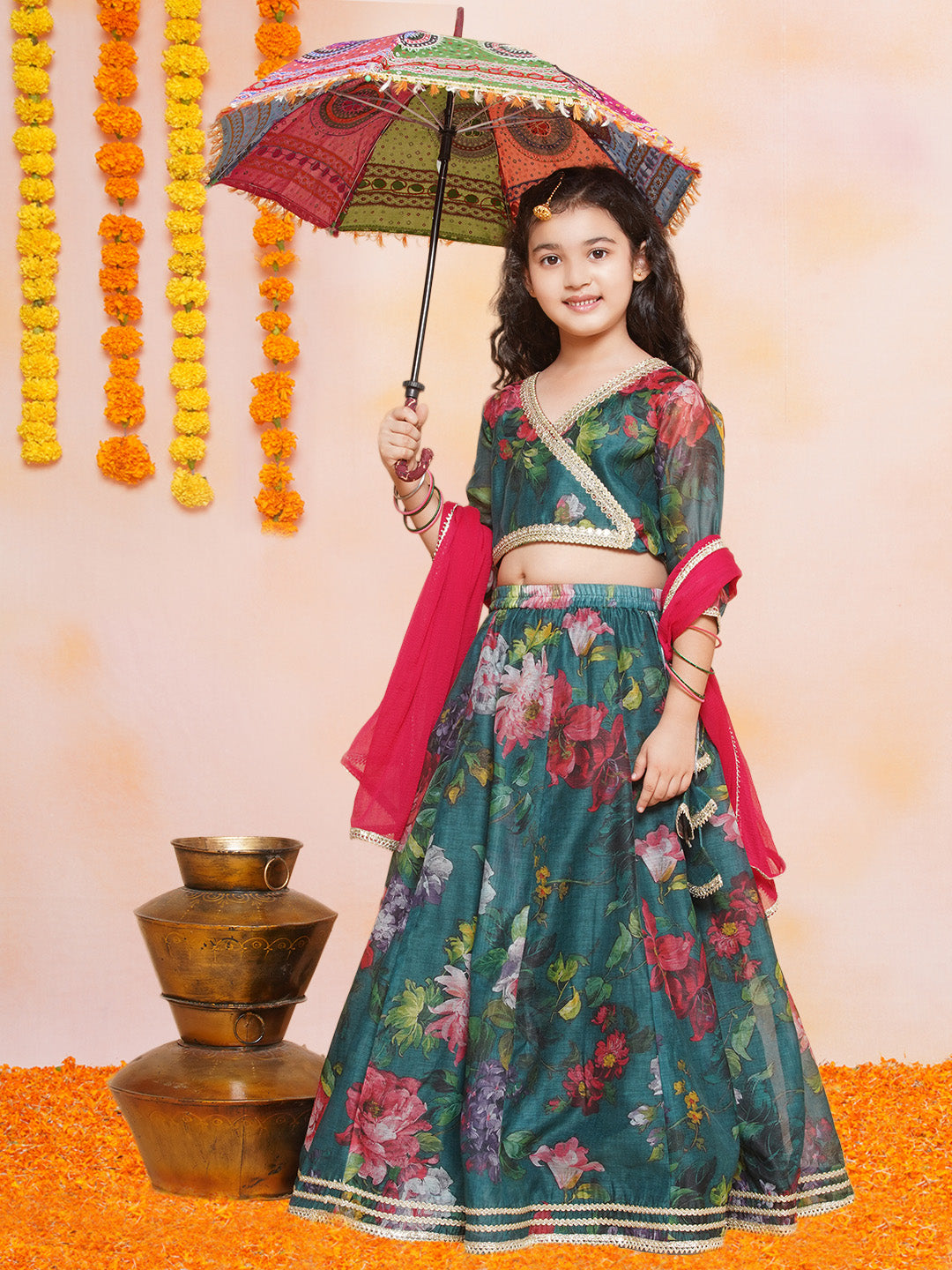 girls green floral printed ready to wear lehenga blouse with dupatta