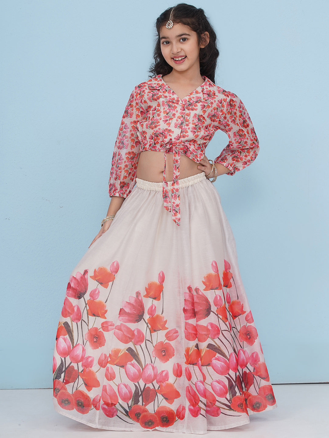 girls grey pink tulup flower digital print choli ready to wear lehenga