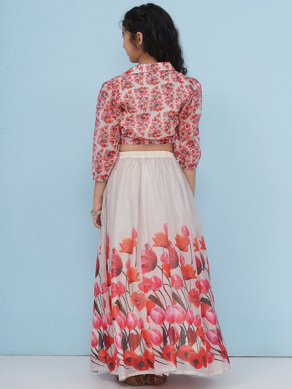 girls grey pink tulup flower digital print choli ready to wear lehenga