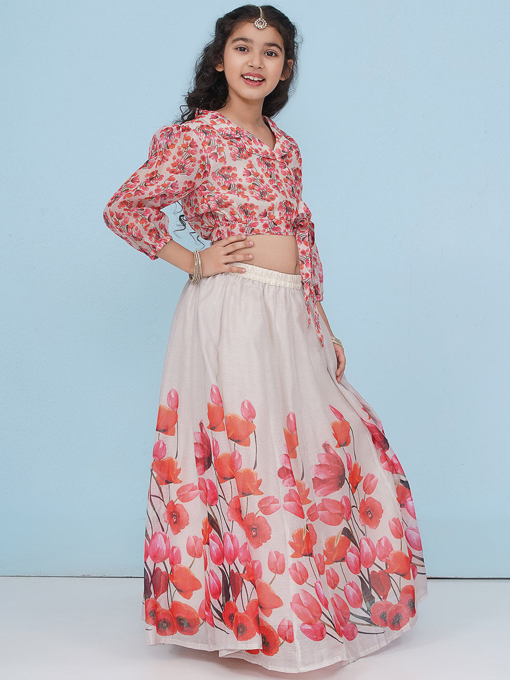 girls grey pink tulup flower digital print choli ready to wear lehenga