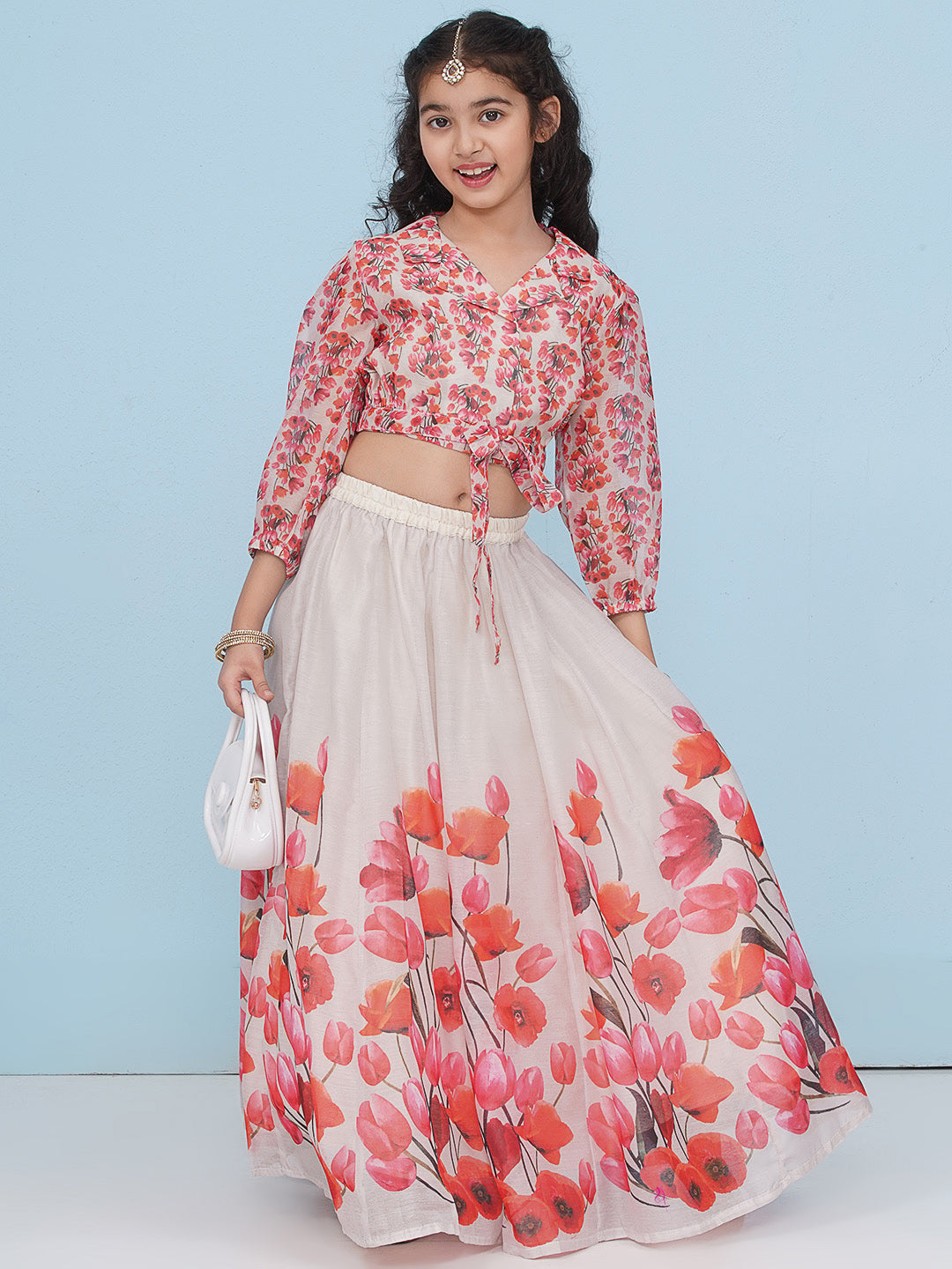 girls grey pink tulup flower digital print choli ready to wear lehenga