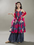 girls grey floral printed empire gotta patti kurta with sharara with dupatta