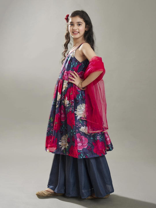 girls grey floral printed empire gotta patti kurta with sharara with dupatta