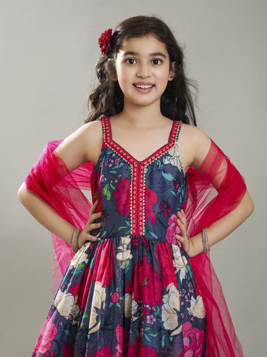 girls grey floral printed empire gotta patti kurta with sharara with dupatta