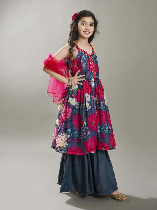 girls grey floral printed empire gotta patti kurta with sharara with dupatta