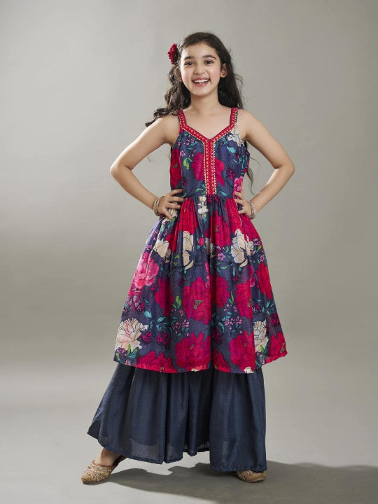 girls grey floral printed empire gotta patti kurta with sharara with dupatta