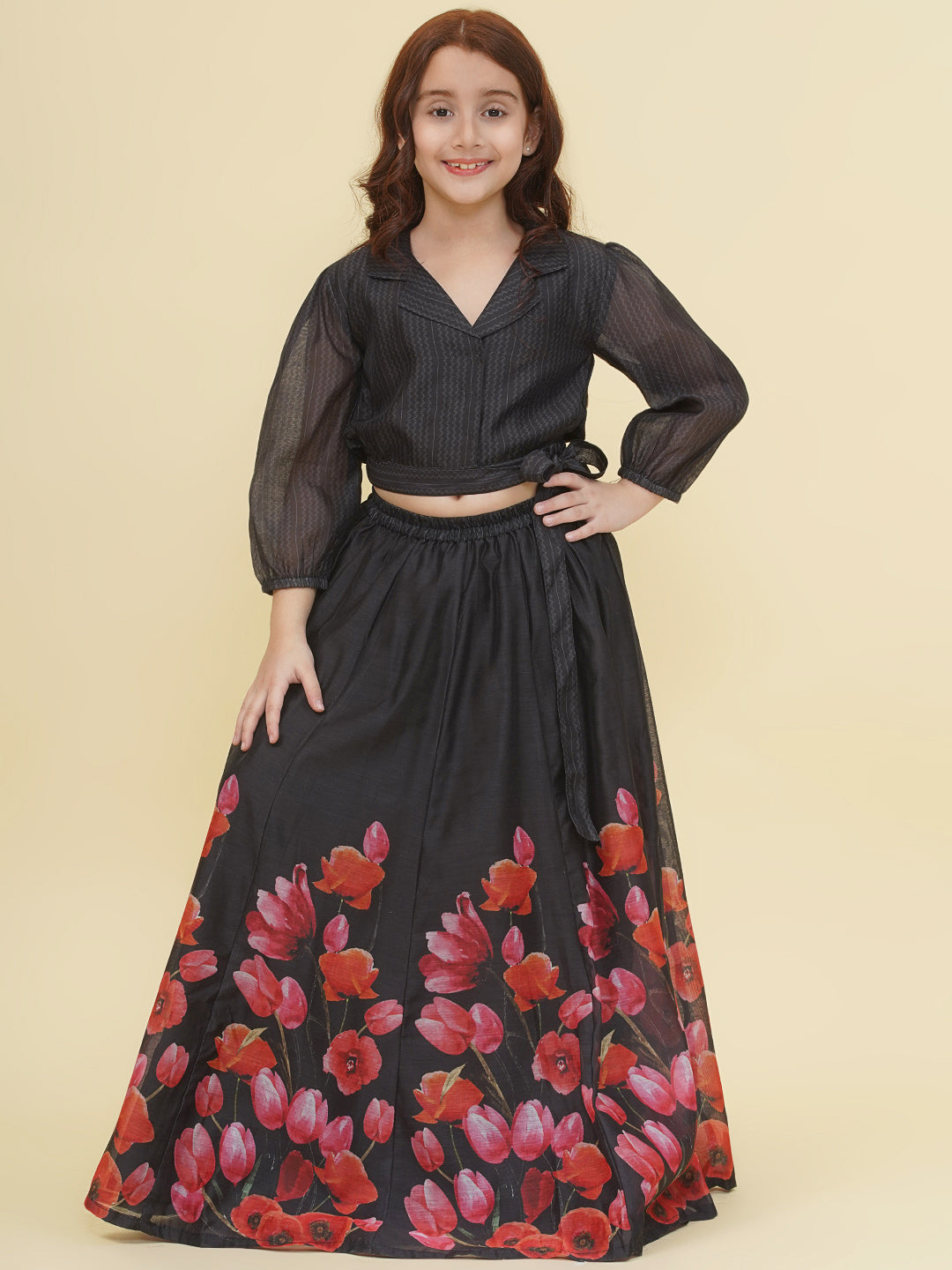 girls indo western black pink digital printed choli ready to wear lehenga